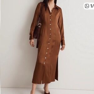 Madewell Satin Chocolate Brown Midi Dress Long Sleeve Button Date Night Size 4